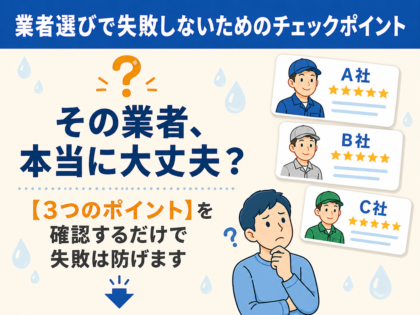 業者選びで失敗しないためのチェックポイント。3つのポイントを確認するだけで失敗は防げます。