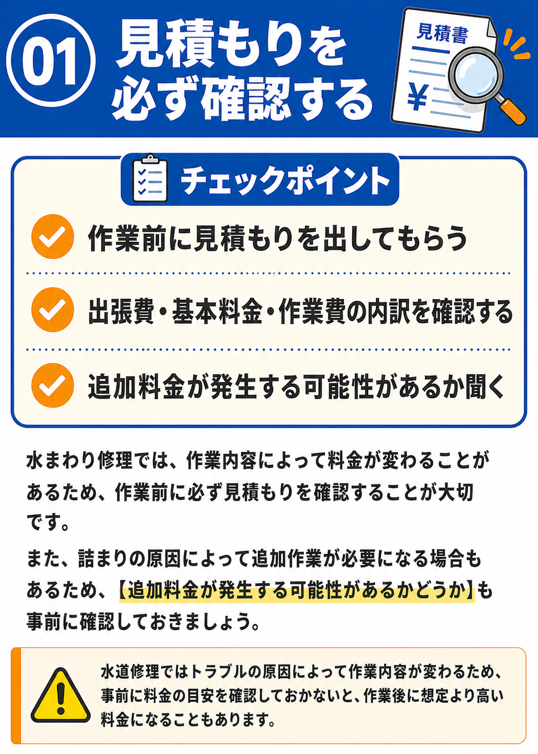 チェック01：見積もりを必ず確認する。作業前に見積もりを出してもらう、出張費・基本料金・作業費の内訳を確認する、追加料金が発生する可能性があるか聞く。