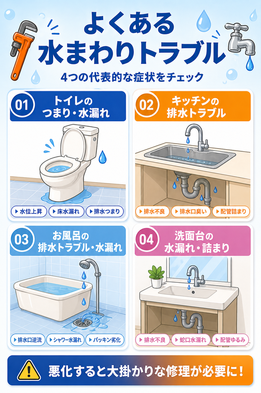 よくある水まわりトラブル：トイレの詰まり・水漏れ、キッチンの排水トラブル、お風呂の排水トラブル・水漏れ、洗面台の水漏れ・詰まり